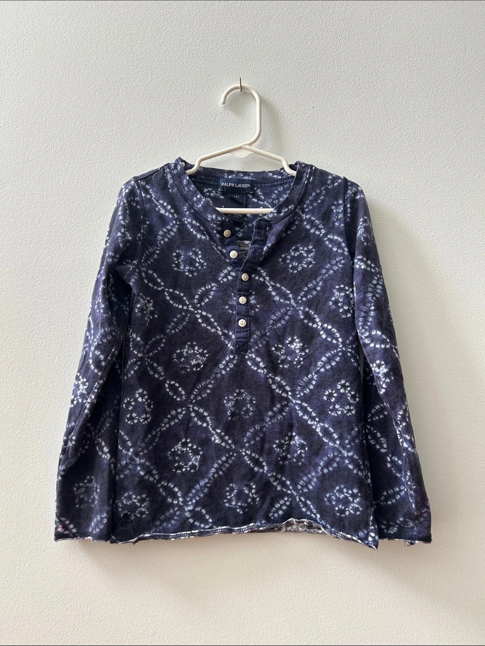 Girls' Ralph Lauren Navy and White Tie-Dye Henley Long Sleeve Tee